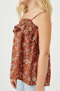 GJ3331 Coral Girls Smocked Floral Print Ruffle Top Detail