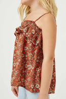 GJ3331 Coral Girls Smocked Floral Print Ruffle Top Detail