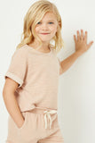 GJ3340 Blush Girls Heathered Rolled Sleeve Knit Top Front
