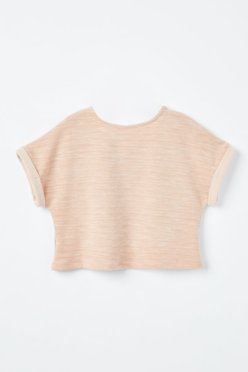 GJ3340 Blush Girls Heathered Rolled Sleeve Knit Top Back Flat