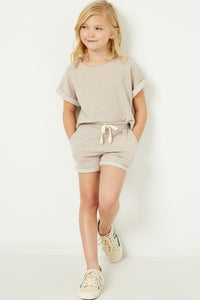 GJ3340 Grey Girls Heathered Rolled Sleeve Knit Top Full Body