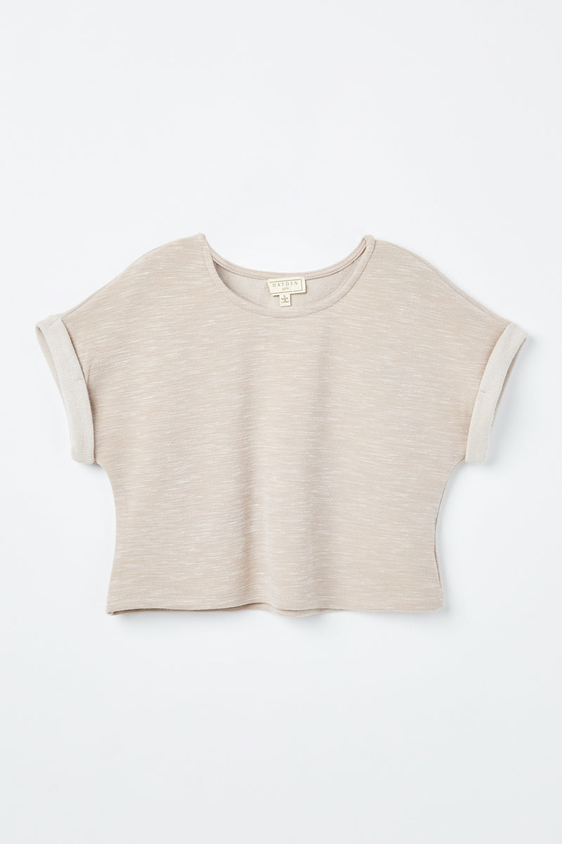 GJ3340 Grey Girls Heathered Rolled Sleeve Knit Top Front Flat