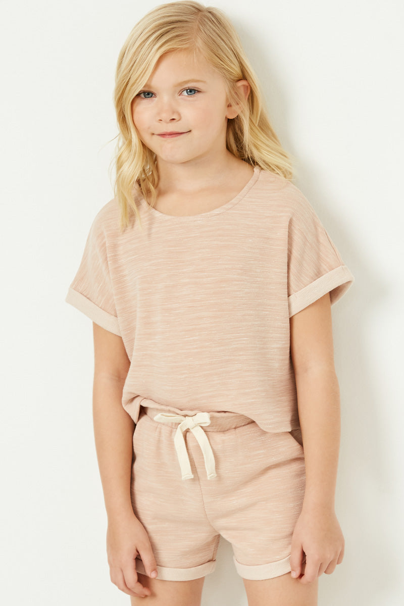 GJ3341 Blush Girls Heathered Rolled Leg Knit Shorts Front