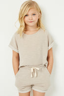 GJ3341 Grey Girls Heathered Rolled Leg Knit Shorts Front