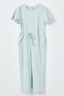 GJ3344 Blue Girls Puff Sleeve Ribbed Jumpsuit Flat Front