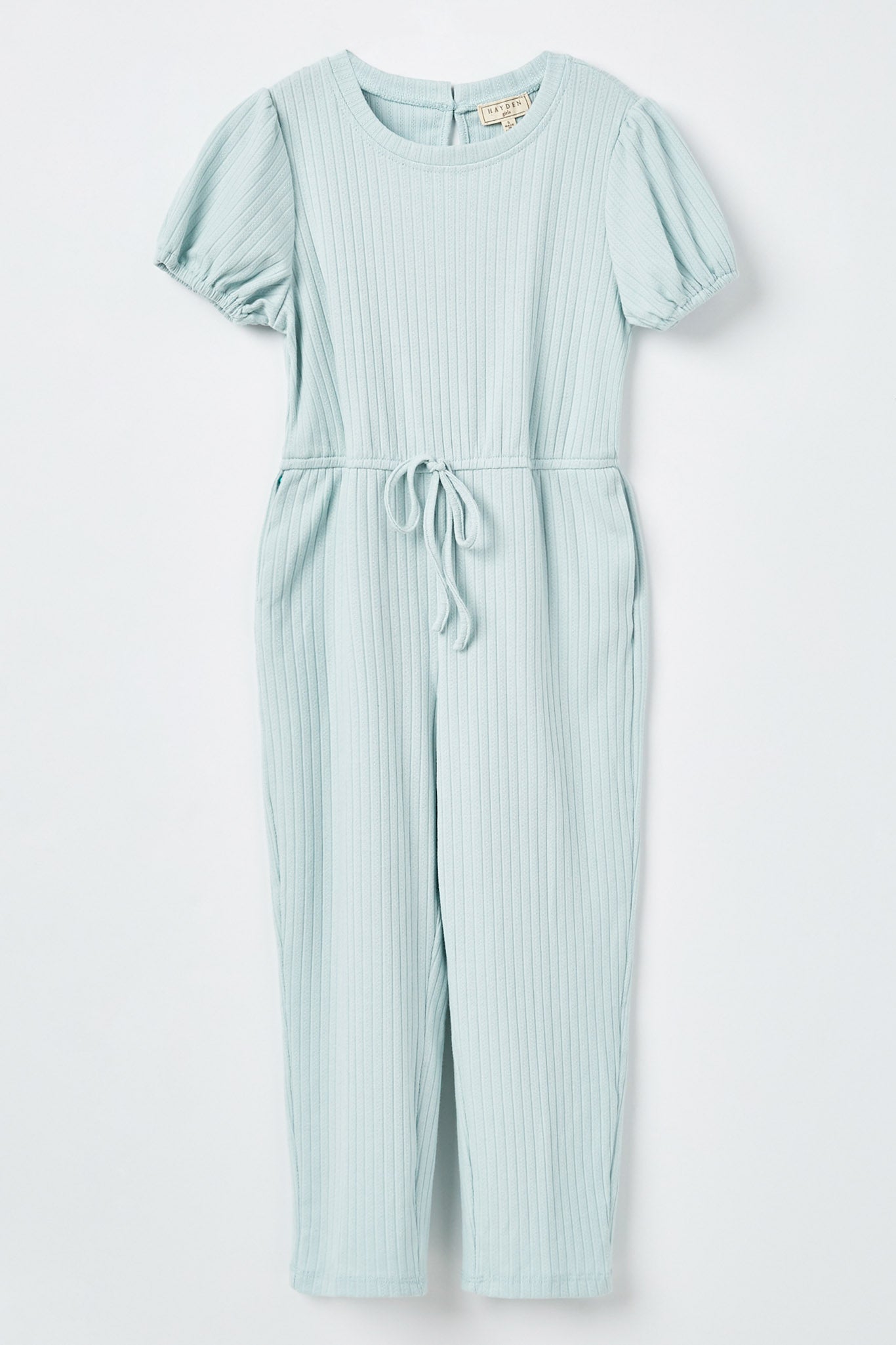 GJ3344 Blue Girls Puff Sleeve Ribbed Jumpsuit Flat Front