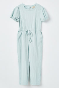 GJ3344 Blue Girls Puff Sleeve Ribbed Jumpsuit Flat Front