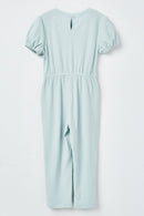 GJ3344 Blue Girls Puff Sleeve Ribbed Jumpsuit Flat Back