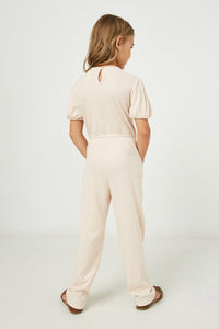 GJ3344 Blush Girls Puff Sleeve Ribbed Jumpsuit Back