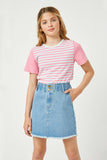 GJ3362 PINK Girls Mixed Stripe Short Sleeve Tee Front