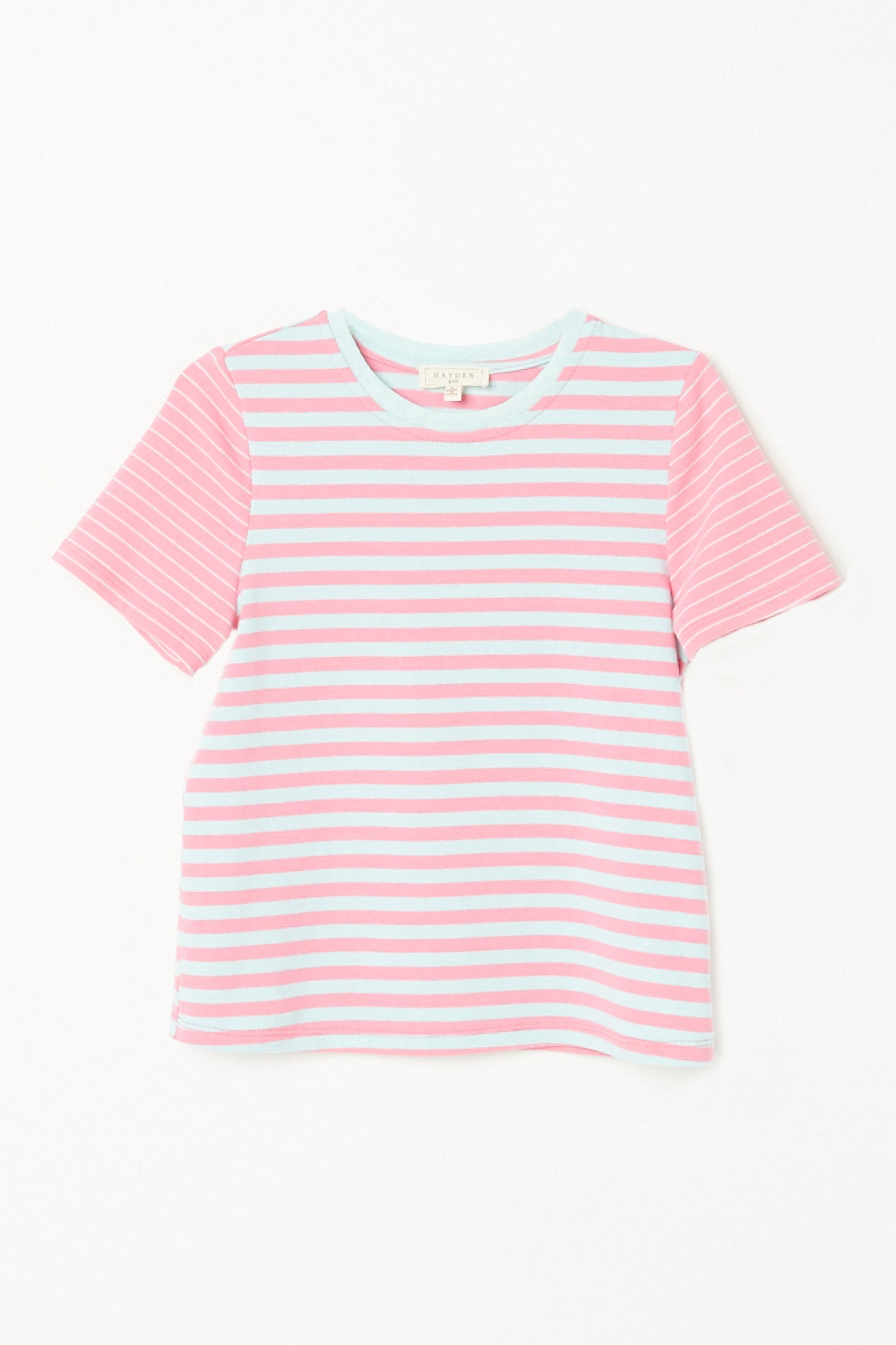 GJ3362 PINK Girls Mixed Stripe Short Sleeve Tee Front Flat