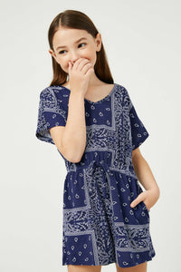 GJ3373 Navy Girls Bandana Print Pocket Knit Romper Front