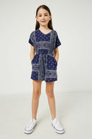 GJ3373 Navy Girls Bandana Print Pocket Knit Romper Full Body