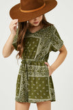 GJ3373 Olive Girls Bandana Print Pocket Knit Romper Front