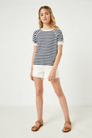 GJ3414 NAVY Girls Banded Knit Stripe Raglan Tee Full Body