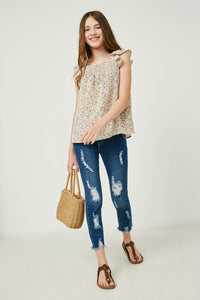 GJ3425 Mint Girls Flutter Sleeve Smocked Bodice Printed Top Full Body