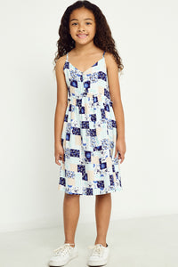 GJ3450 Mint Girls Buttoned Sleeveless Handkerchief Print Dress Full Body