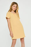 GJ3465 YELLOW Girls Textured Ribbed Stripe Off Shoulder Knit Dress Front