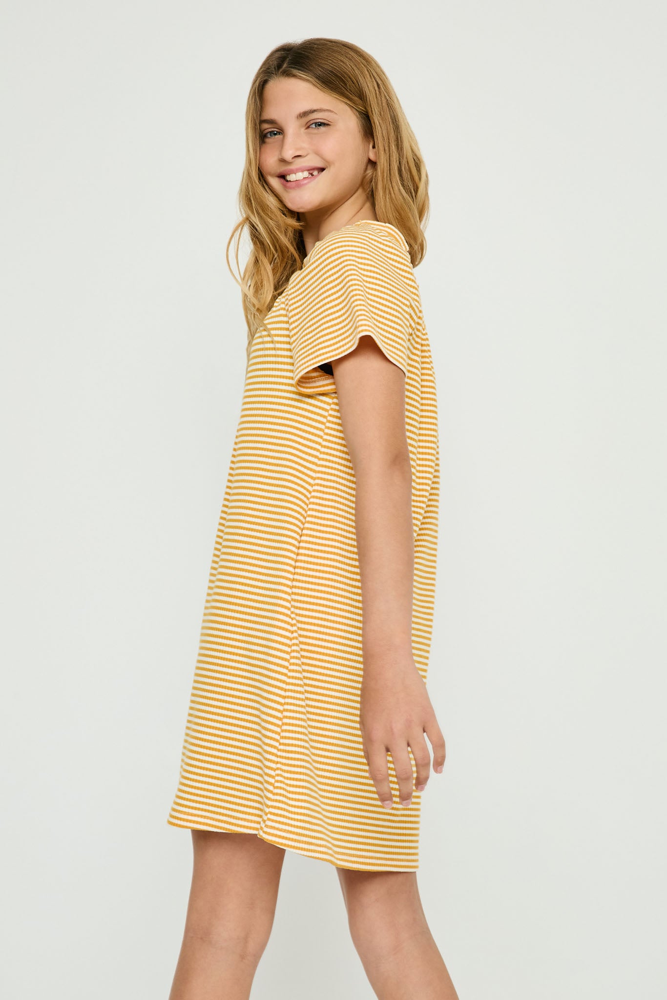 GJ3465 YELLOW Girls Textured Ribbed Stripe Off Shoulder Knit Dress Side