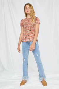 GJ3469 Rust Girls Smocked Ruffled Short Sleeve Top Full Body