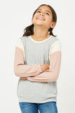 GJ3486 HEATHER GREY Girls Contrast Paneled Ribbed Knit Relaxed Tee Front