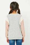 GJ3486 HEATHER GREY Girls Contrast Paneled Ribbed Knit Relaxed Tee Back
