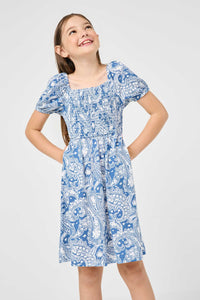 GJ3499 BLUE Girls Knit Paisley Print Smocked Midi Dress Front