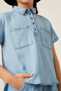 GK1010 LIGHT DENIM Girls Washed Tencel Pocketed Collared Shirt Detail