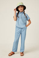 GK1010 LIGHT DENIM Girls Washed Tencel Pocketed Collared Shirt Full Body