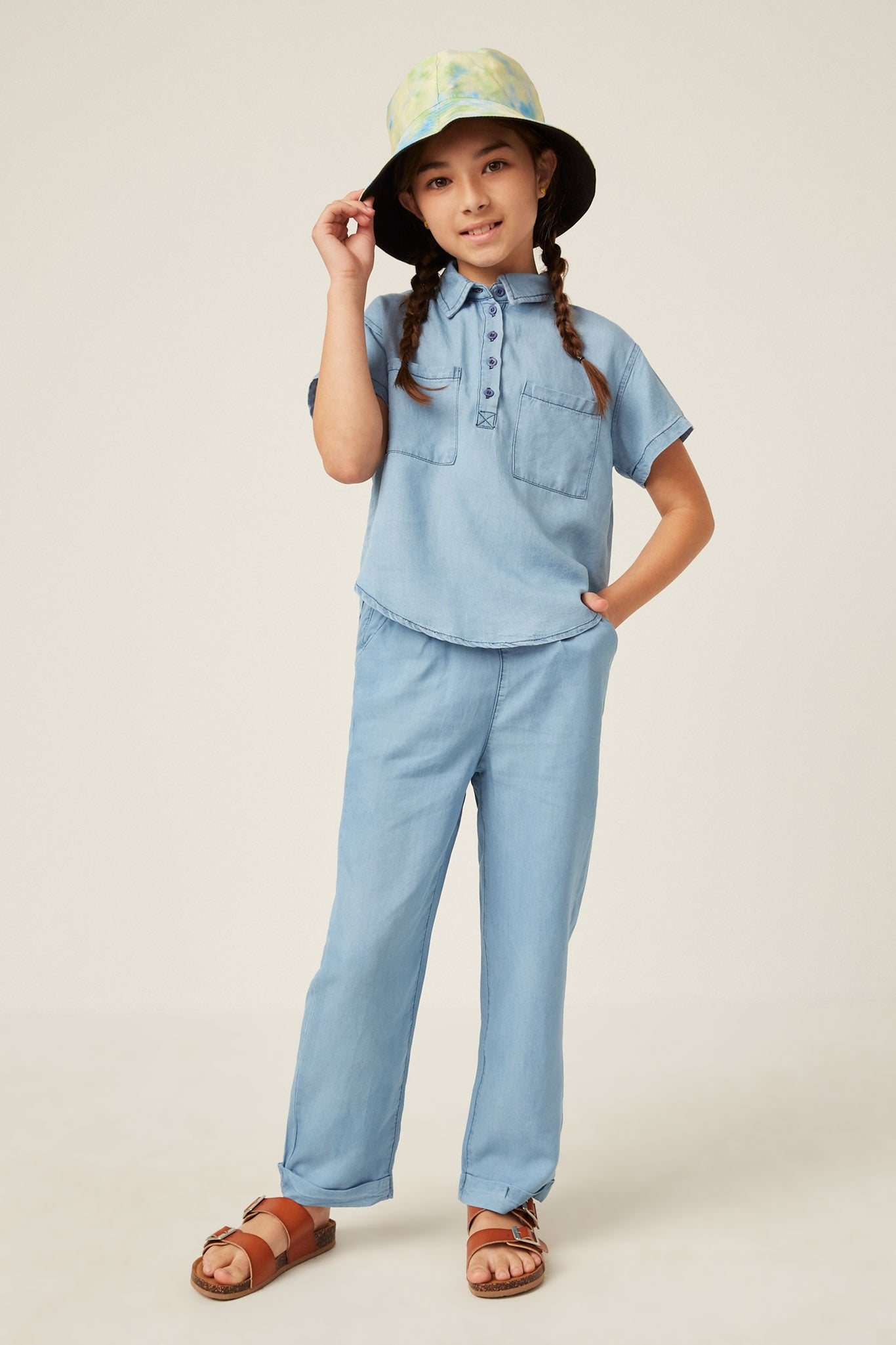 GK1010 LIGHT DENIM Girls Washed Tencel Pocketed Collared Shirt Full Body