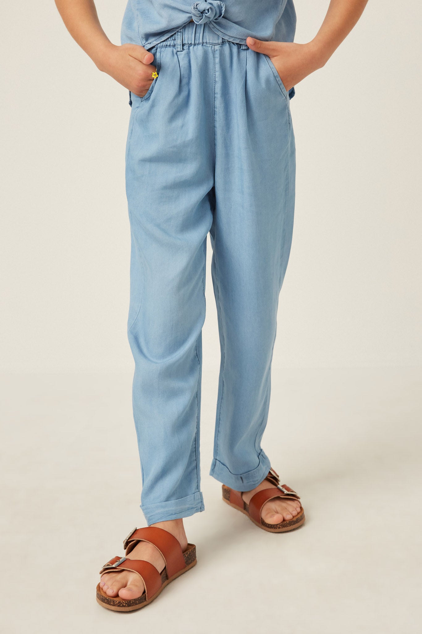 Washed Tencel Elastic Waist Wideleg Pants