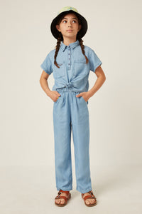 GK1011 LIGHT DENIM Girls Washed Tencel Elastic Waist Wideleg Pants Full Body