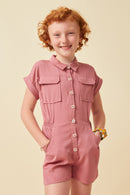 GK1013 Pink Girls Elastic Detail Button Up Collared Romper Front