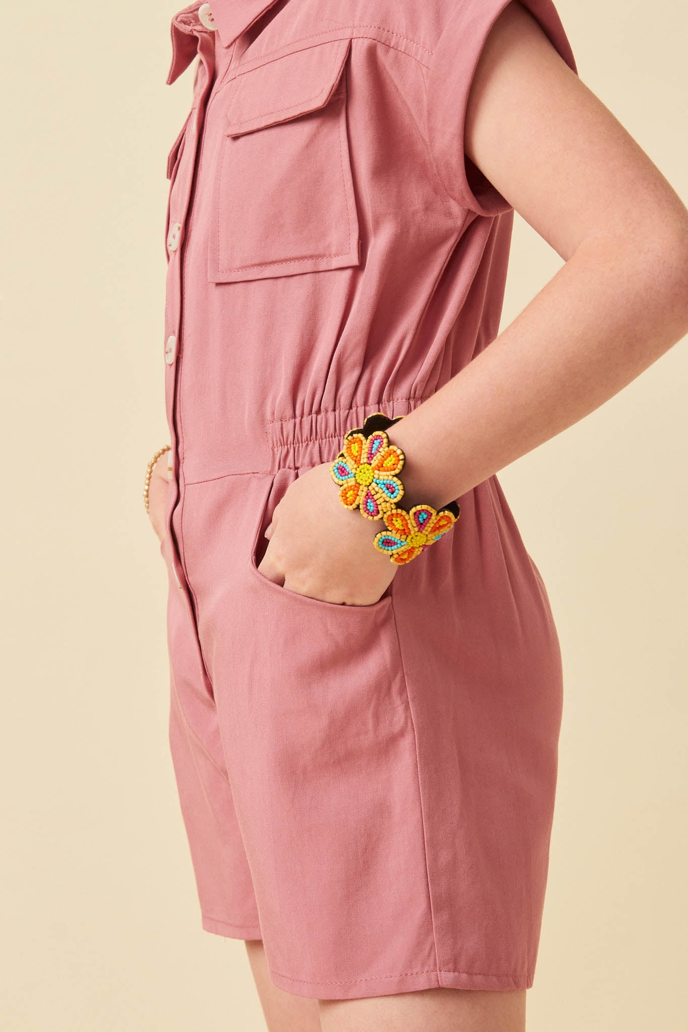 Elastic Detail Button Up Collared Romper