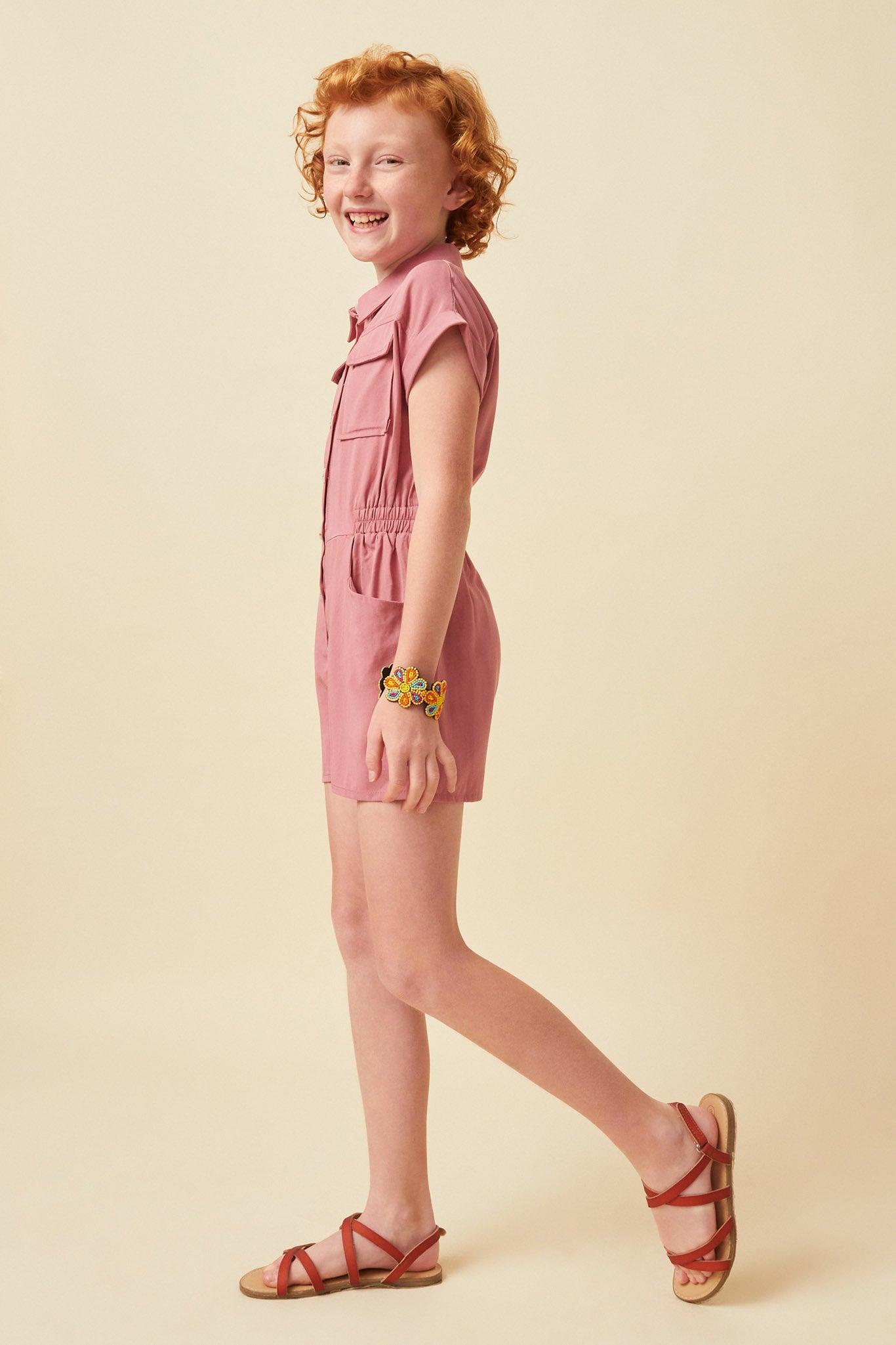 GK1013 Pink Girls Elastic Detail Button Up Collared Romper Side
