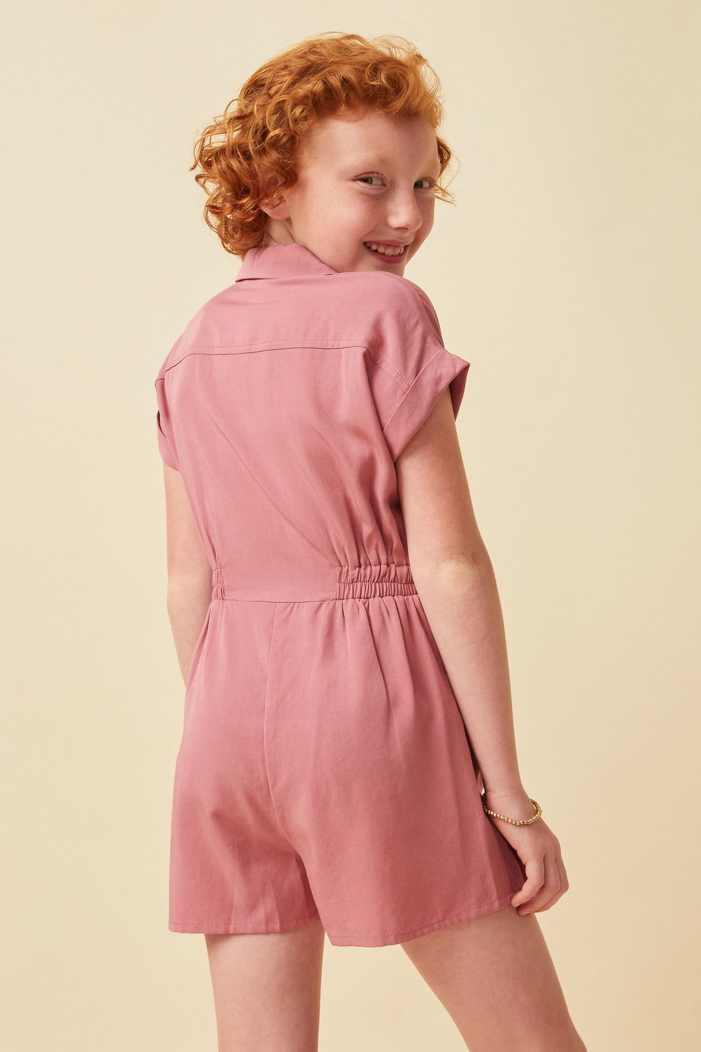 GK1013 Pink Girls Elastic Detail Button Up Collared Romper Back