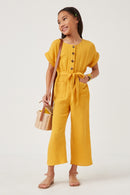 GK1020 MUSTARD Girls Textured Button Up Belted Jumpsuit Full Body 2
