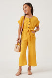 GK1020 MUSTARD Girls Textured Button Up Belted Jumpsuit Full Body 2