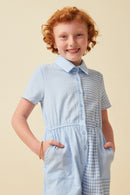 GK1035 BLUE Girls Print Block Collared Button Up Jumpsuit Front