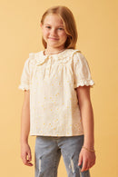 GK1037 Cream Girls Textured Floral Lace Peter Pan Collar Top Front 2