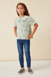 GK1037 Sage Girls Textured Floral Lace Peter Pan Collar Top Full Body