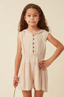 GK1048 TAUPE Girls Button Detail Hooded Romper Front