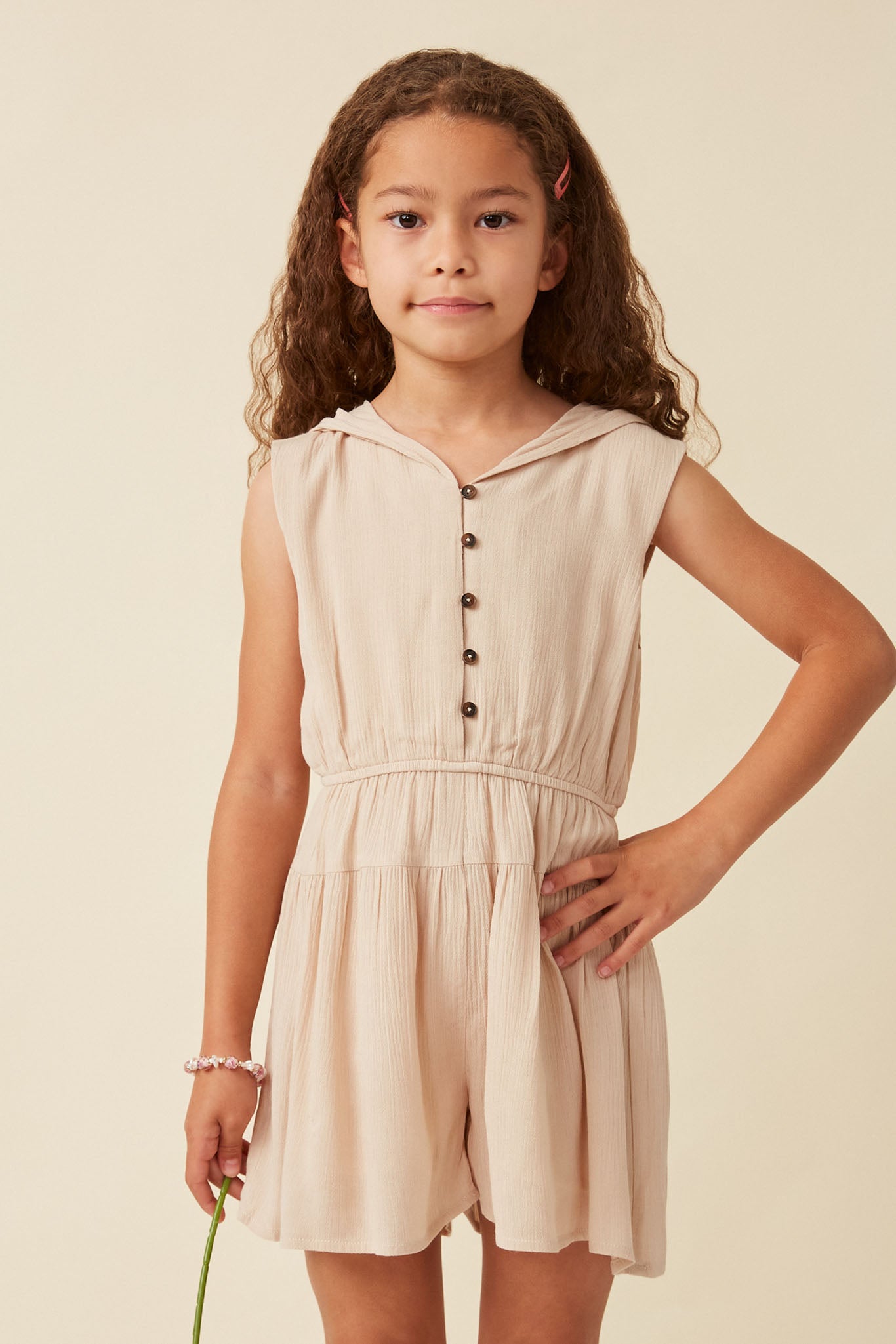 GK1048 TAUPE Girls Button Detail Hooded Romper Front