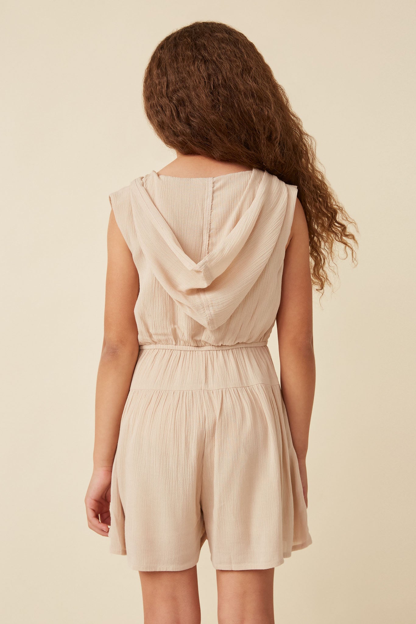 GK1048 TAUPE Girls Button Detail Hooded Romper Back