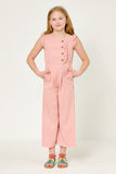 GK1069 PINK Girls Ruffled Placket Wideleg Sleeveless Jumpsuit Full Body