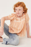 GK1084 PEACH Girls Lace Trimmed Button Detailed Textured Top Pose