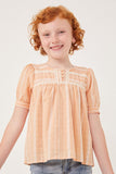 GK1084 PEACH Girls Lace Trimmed Button Detailed Textured Top Front
