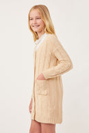 GK1120 Beige Girls Cable Detail V Neck Buttoned Longline Sweater Cardigan Side