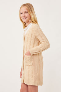 GK1120 Beige Girls Cable Detail V Neck Buttoned Longline Sweater Cardigan Side