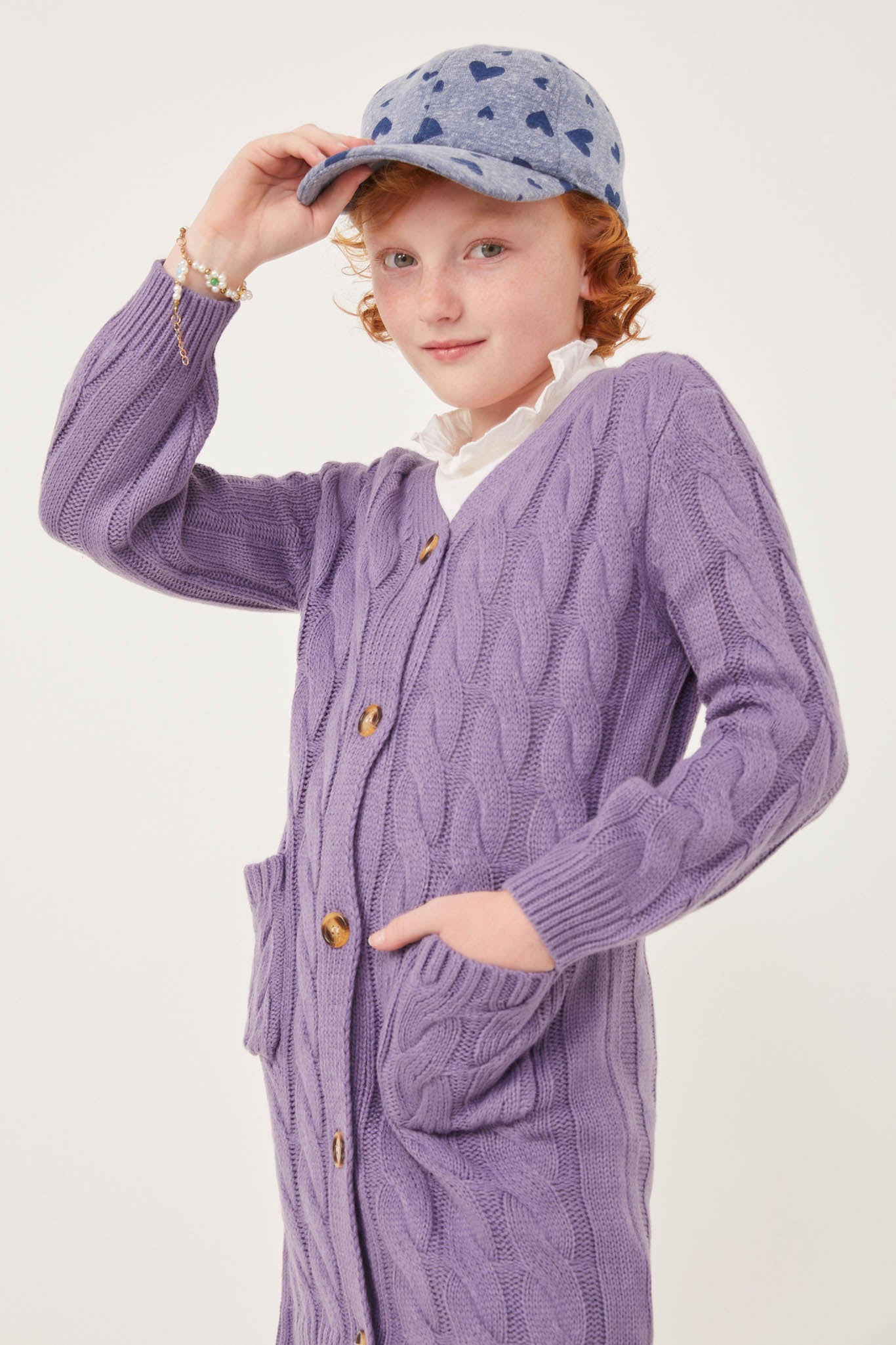 GK1120 Lavender Girls Cable Detail V Neck Buttoned Longline Sweater Cardigan Side